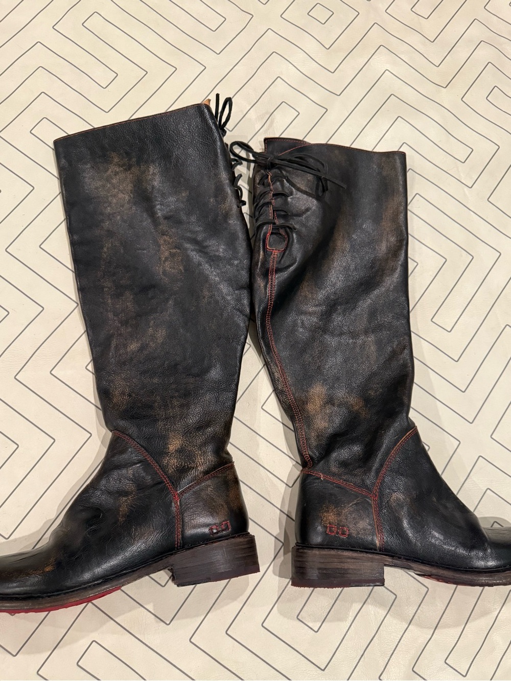 Bed | Stu Distressed Black Leather Riding Boots with Tie Calf - Picture 9 of 14
